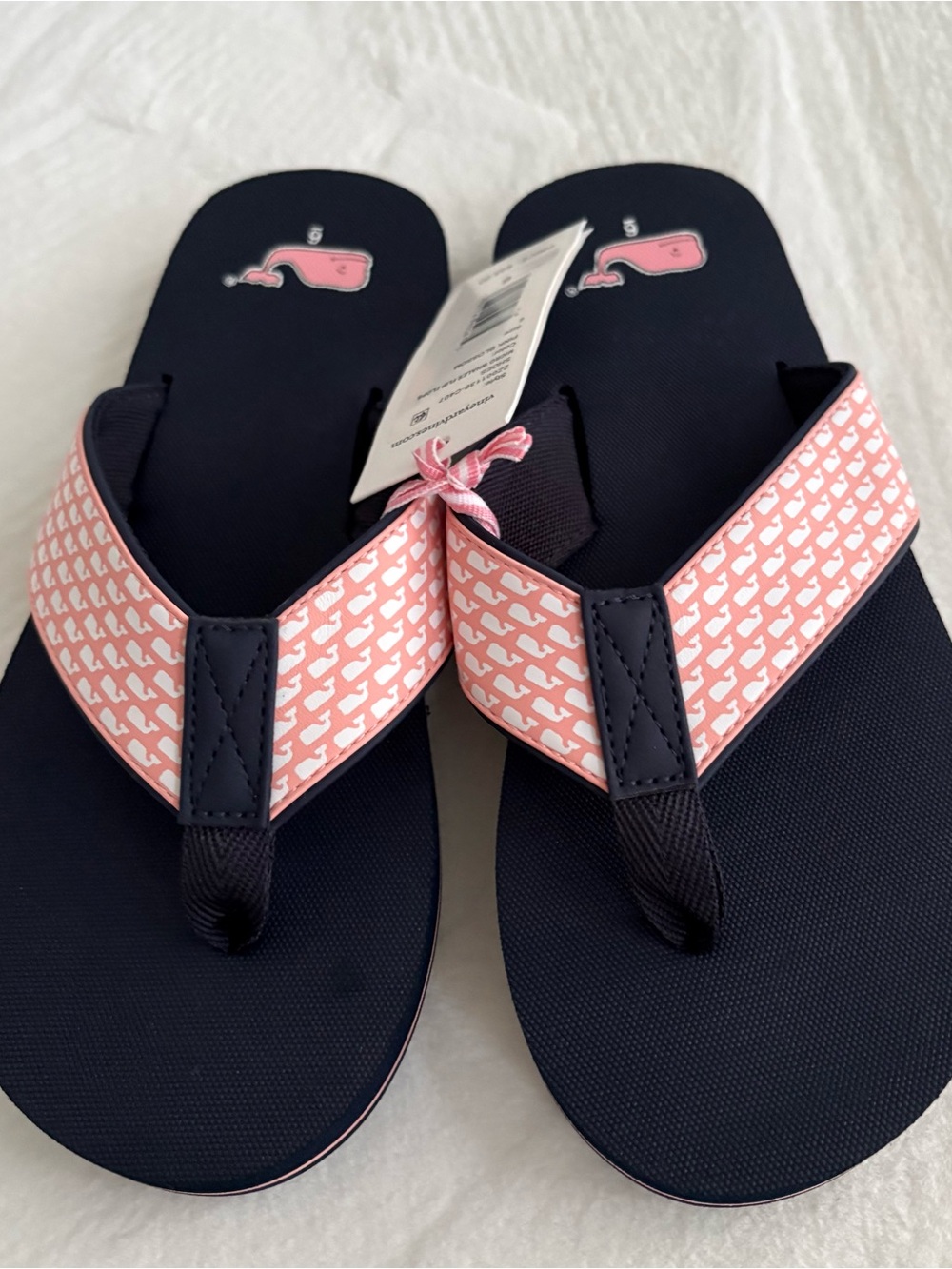 Vineyard Vines Navy Flip Flops with Pink Whale Strap Pattern